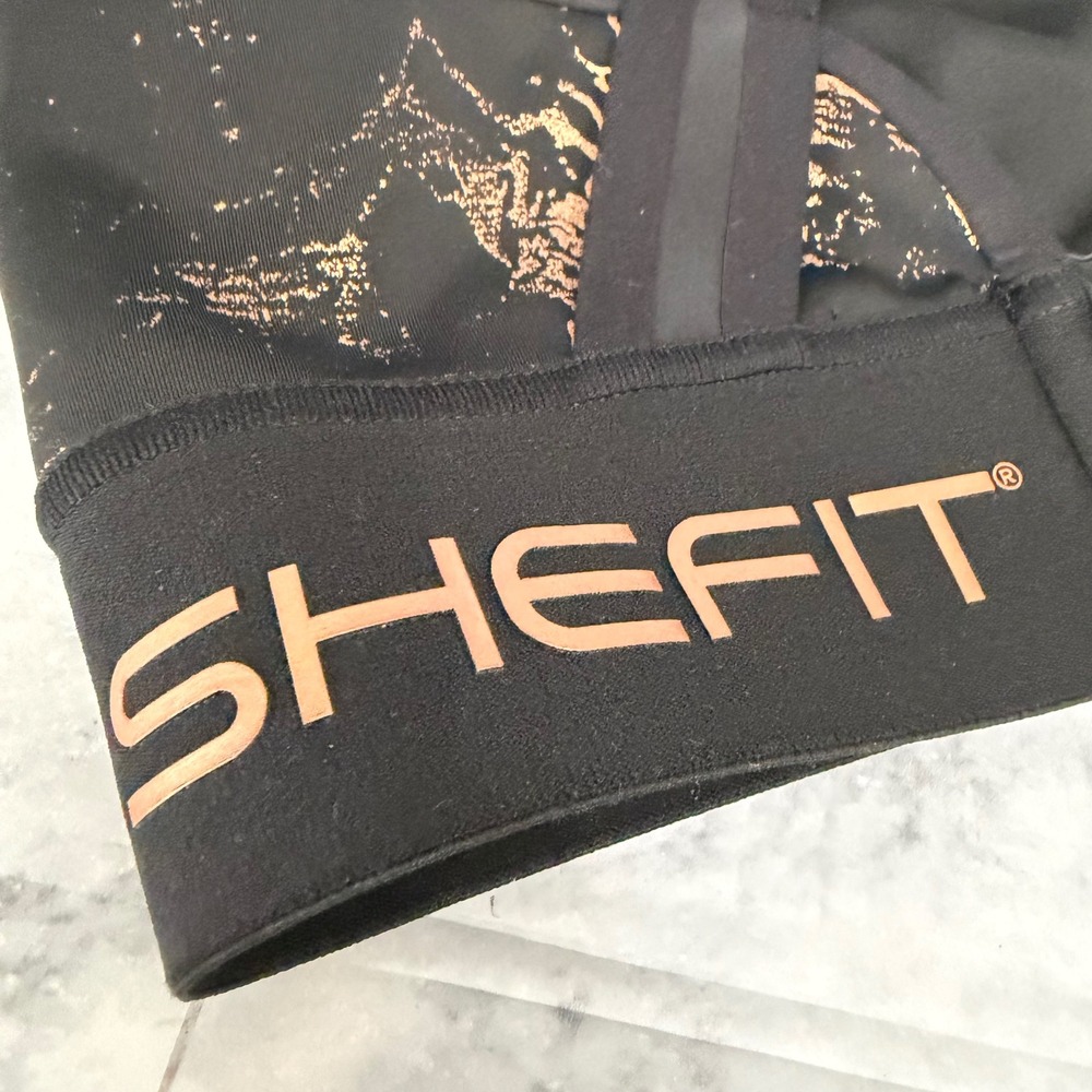 SHEFIT Ultimate Sports Bra Medium Black Rose Gold Foil High Impact Zip Front
